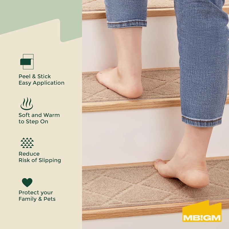 MBIGM 8" X 30" (15 in Pack) Non-Slip Carpet Stair Treads Non-Skid Safety Rug Slip Resistant Indoor Runner for Kids Elders & Pets with Reusable Adhesive - Cornstalk Diamond Weave - Image 2